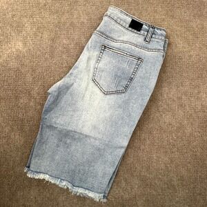 Flamingo Bermuda Shorts Mens XL Blue Denim Cotton Stretch Distressed Frayed Hem